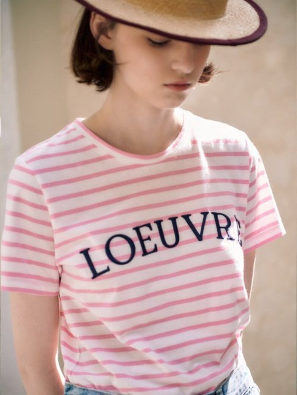 LOEUVRE Pink Logo Embroidery Stripe T-shirt Size S